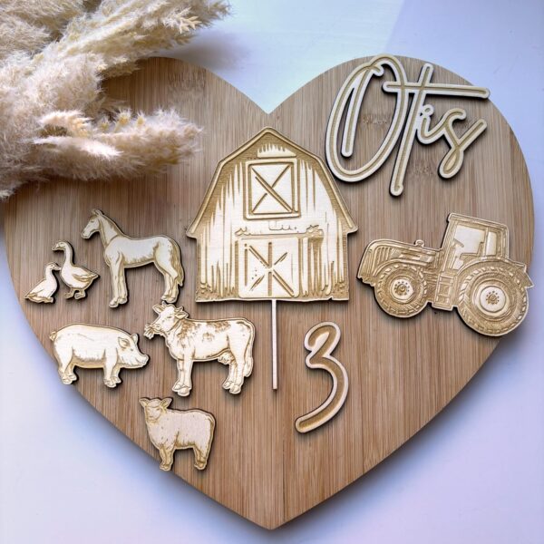 Barn Farm Yard Wooden Cake Topper Set Fence Charm Number Age Personalised